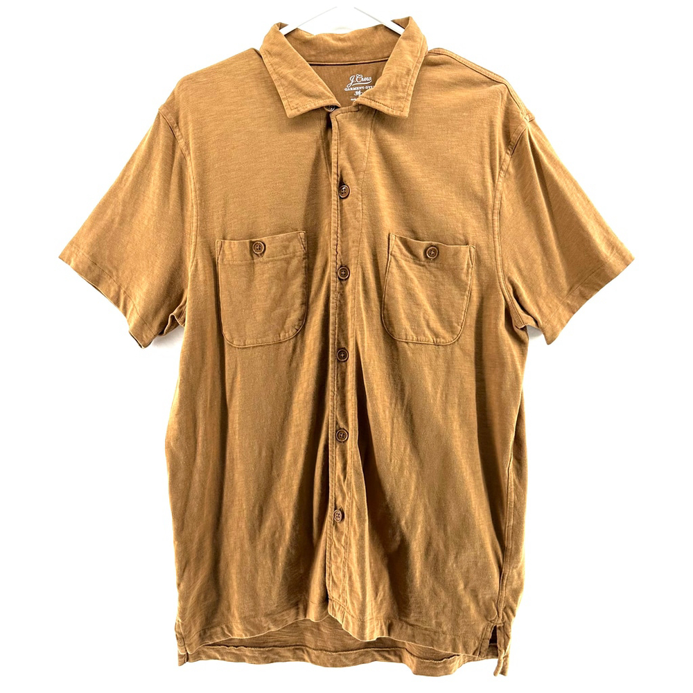 J Crew RE-IMAGINED Garment Dyed Cotton BROWN S/S Button Front Short MENS L